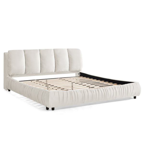 English Elm King Upholstered Platform Bed Sculpted Velvet Headboard with Pleated Panel Frame Beige W487S00577