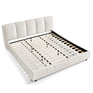 English Elm King Upholstered Platform Bed Sculpted Velvet Headboard with Pleated Panel Frame Beige W487S00577