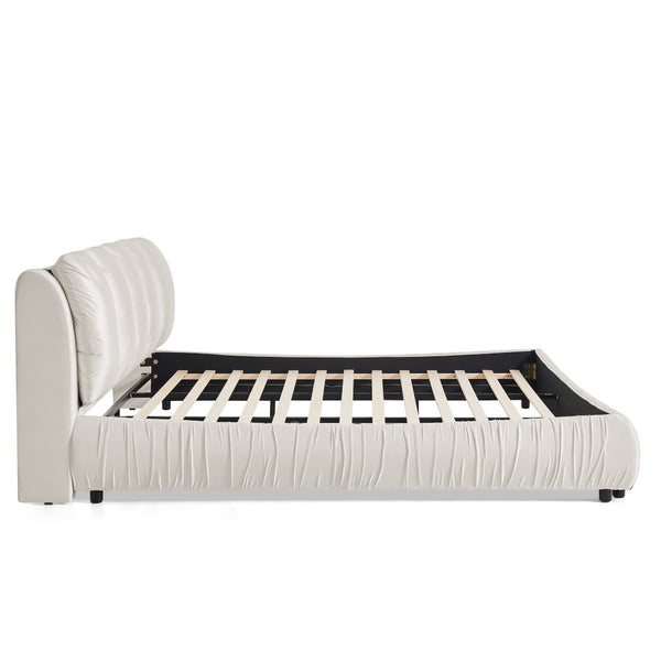 English Elm King Upholstered Platform Bed Sculpted Velvet Headboard with Pleated Panel Frame Beige W487S00577
