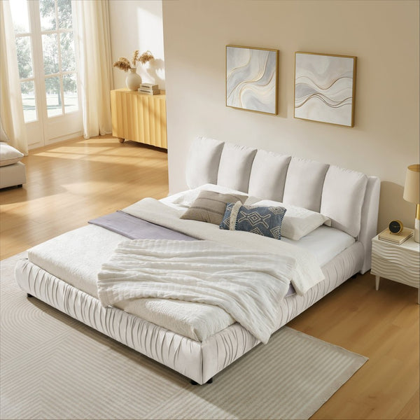 English Elm King Upholstered Platform Bed Sculpted Velvet Headboard with Pleated Panel Frame Beige W487S00577