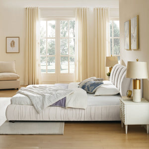 English Elm King Upholstered Platform Bed Sculpted Velvet Headboard with Pleated Panel Frame Beige W487S00577