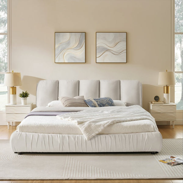 English Elm King Upholstered Platform Bed Sculpted Velvet Headboard with Pleated Panel Frame Beige W487S00577