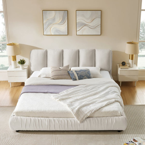 English Elm King Upholstered Platform Bed Sculpted Velvet Headboard with Pleated Panel Frame Beige W487S00577