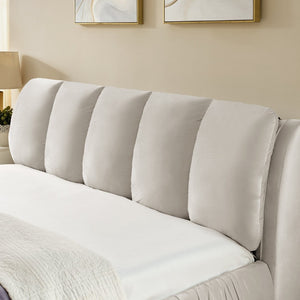 English Elm King Upholstered Platform Bed Sculpted Velvet Headboard with Pleated Panel Frame Beige W487S00577