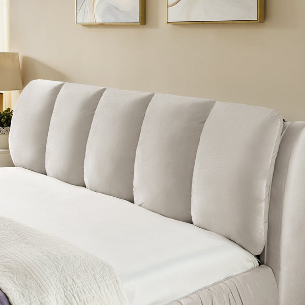 English Elm King Upholstered Platform Bed Sculpted Velvet Headboard with Pleated Panel Frame Beige W487S00577