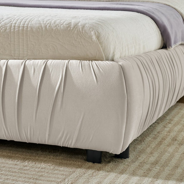 English Elm King Upholstered Platform Bed Sculpted Velvet Headboard with Pleated Panel Frame Beige W487S00577