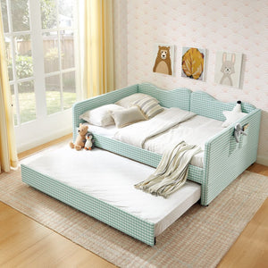 English Elm Full‑size Gingham Upholstered Daybed with Pull-out Trundle and Side Storage Pocket Cyan W487S00578