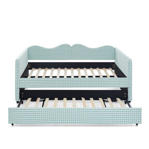 English Elm Full‑size Gingham Upholstered Daybed with Pull-out Trundle and Side Storage Pocket Cyan W487S00578