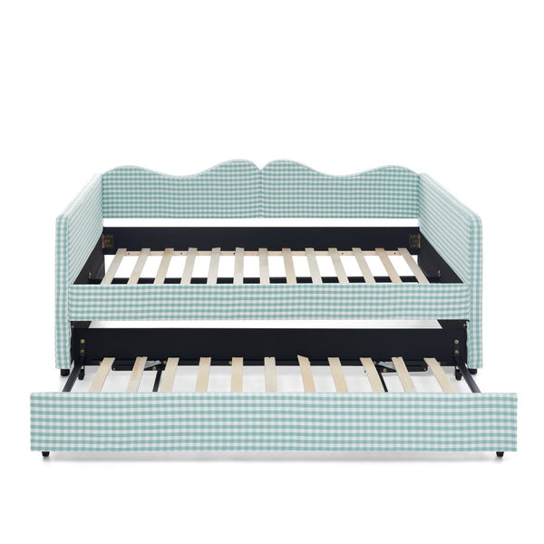 English Elm Full‑size Gingham Upholstered Daybed with Pull-out Trundle and Side Storage Pocket Cyan W487S00578