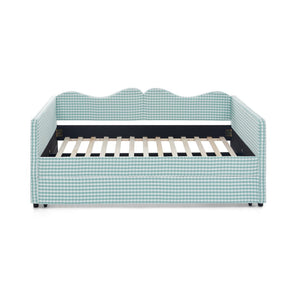 English Elm Full‑size Gingham Upholstered Daybed with Pull-out Trundle and Side Storage Pocket Cyan W487S00578