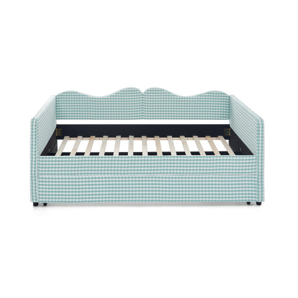 English Elm Full‑size Gingham Upholstered Daybed with Pull-out Trundle and Side Storage Pocket Cyan W487S00578