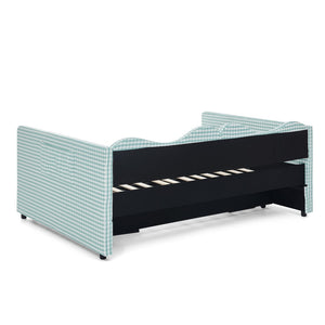 English Elm Full‑size Gingham Upholstered Daybed with Pull-out Trundle and Side Storage Pocket Cyan W487S00578