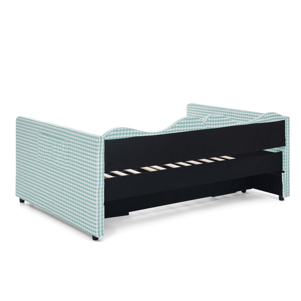 English Elm Full‑size Gingham Upholstered Daybed with Pull-out Trundle and Side Storage Pocket Cyan W487S00578