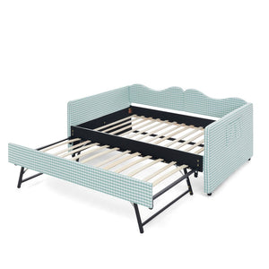 English Elm Full‑size Gingham Upholstered Daybed with Pull-out Trundle and Side Storage Pocket Cyan W487S00578