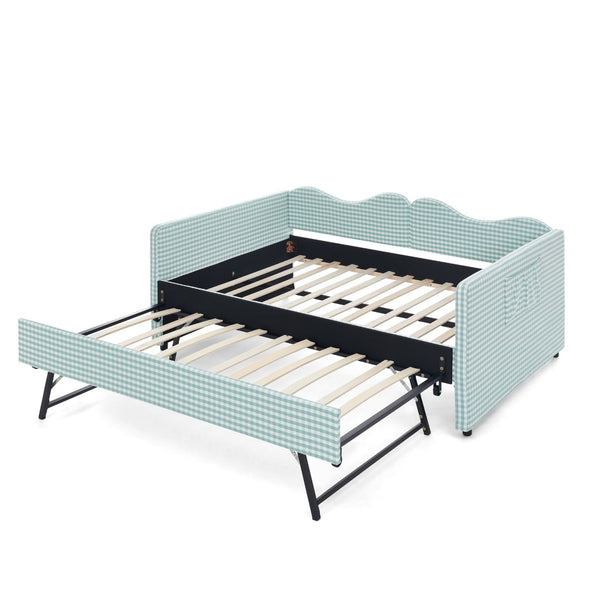 English Elm Full‑size Gingham Upholstered Daybed with Pull-out Trundle and Side Storage Pocket Cyan W487S00578