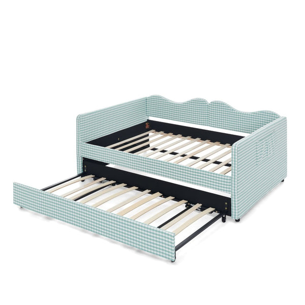 English Elm Full‑size Gingham Upholstered Daybed with Pull-out Trundle and Side Storage Pocket Cyan W487S00578