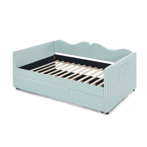 English Elm Full‑size Gingham Upholstered Daybed with Pull-out Trundle and Side Storage Pocket Cyan W487S00578