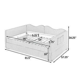 English Elm Full‑size Gingham Upholstered Daybed with Pull-out Trundle and Side Storage Pocket Cyan W487S00578