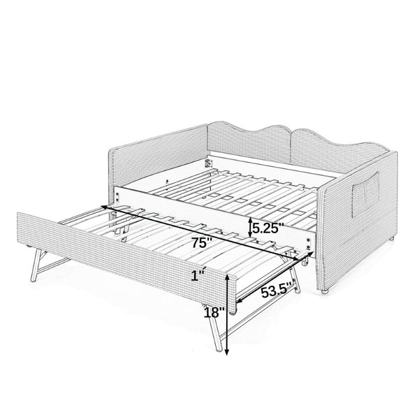 English Elm Full‑size Gingham Upholstered Daybed with Pull-out Trundle and Side Storage Pocket Cyan W487S00578