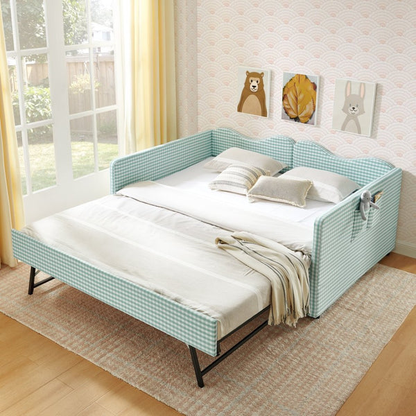 English Elm Full‑size Gingham Upholstered Daybed with Pull-out Trundle and Side Storage Pocket Cyan W487S00578
