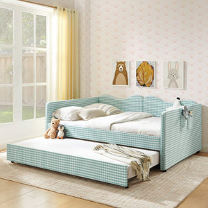 English Elm Full‑size Gingham Upholstered Daybed with Pull-out Trundle and Side Storage Pocket Cyan W487S00578