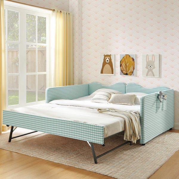 English Elm Full‑size Gingham Upholstered Daybed with Pull-out Trundle and Side Storage Pocket Cyan W487S00578
