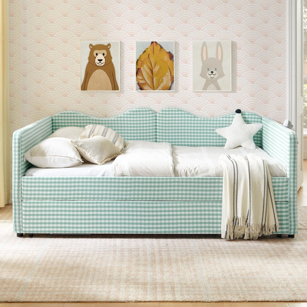 English Elm Full‑size Gingham Upholstered Daybed with Pull-out Trundle and Side Storage Pocket Cyan W487S00578