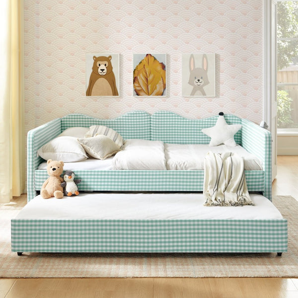 English Elm Full‑size Gingham Upholstered Daybed with Pull-out Trundle and Side Storage Pocket Cyan W487S00578