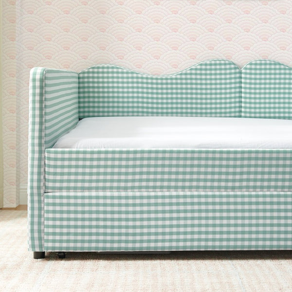 English Elm Full‑size Gingham Upholstered Daybed with Pull-out Trundle and Side Storage Pocket Cyan W487S00578