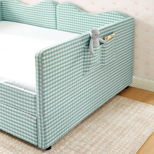 English Elm Full‑size Gingham Upholstered Daybed with Pull-out Trundle and Side Storage Pocket Cyan W487S00578