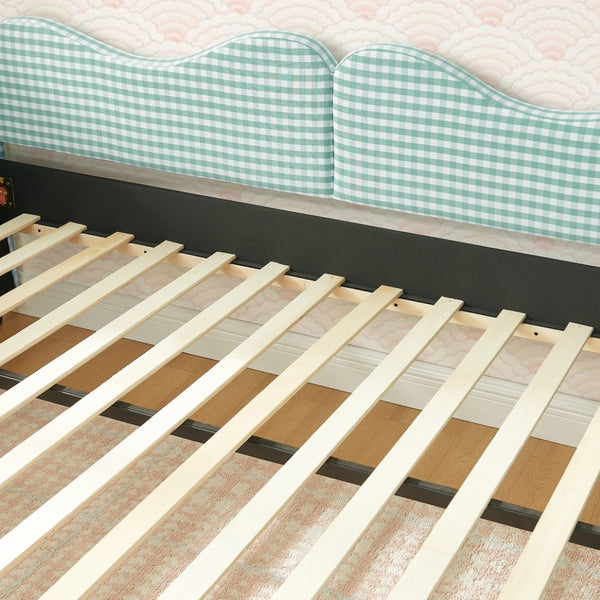 English Elm Full‑size Gingham Upholstered Daybed with Pull-out Trundle and Side Storage Pocket Cyan W487S00578