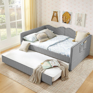 English Elm Full‑size Gingham Upholstered Daybed with Pull-out Trundle and Side Storage Pocket Black W487S00579