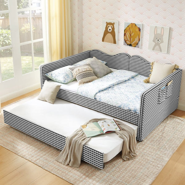 English Elm Full‑size Gingham Upholstered Daybed with Pull-out Trundle and Side Storage Pocket Black W487S00579