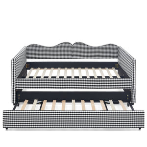 English Elm Full‑size Gingham Upholstered Daybed with Pull-out Trundle and Side Storage Pocket Black W487S00579