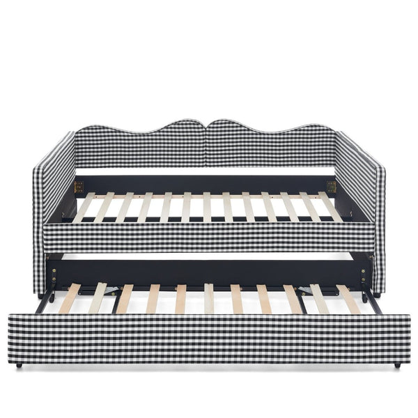 English Elm Full‑size Gingham Upholstered Daybed with Pull-out Trundle and Side Storage Pocket Black W487S00579