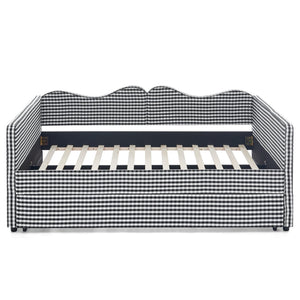 English Elm Full‑size Gingham Upholstered Daybed with Pull-out Trundle and Side Storage Pocket Black W487S00579