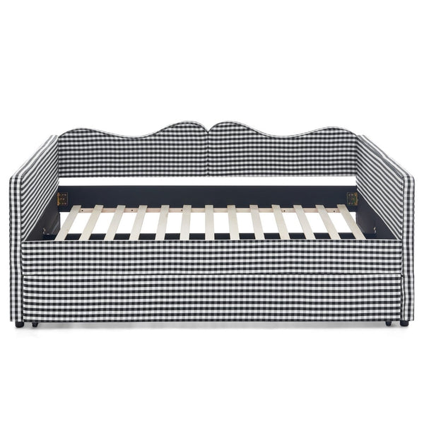 English Elm Full‑size Gingham Upholstered Daybed with Pull-out Trundle and Side Storage Pocket Black W487S00579