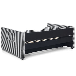 English Elm Full‑size Gingham Upholstered Daybed with Pull-out Trundle and Side Storage Pocket Black W487S00579