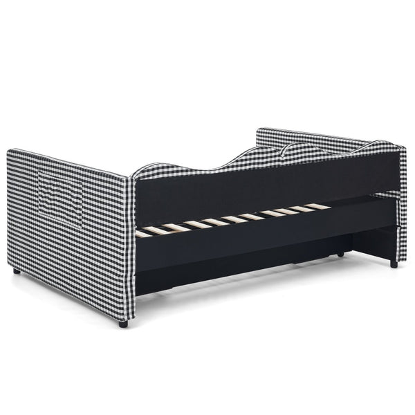 English Elm Full‑size Gingham Upholstered Daybed with Pull-out Trundle and Side Storage Pocket Black W487S00579