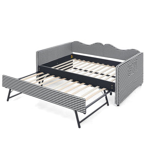 English Elm Full‑size Gingham Upholstered Daybed with Pull-out Trundle and Side Storage Pocket Black W487S00579