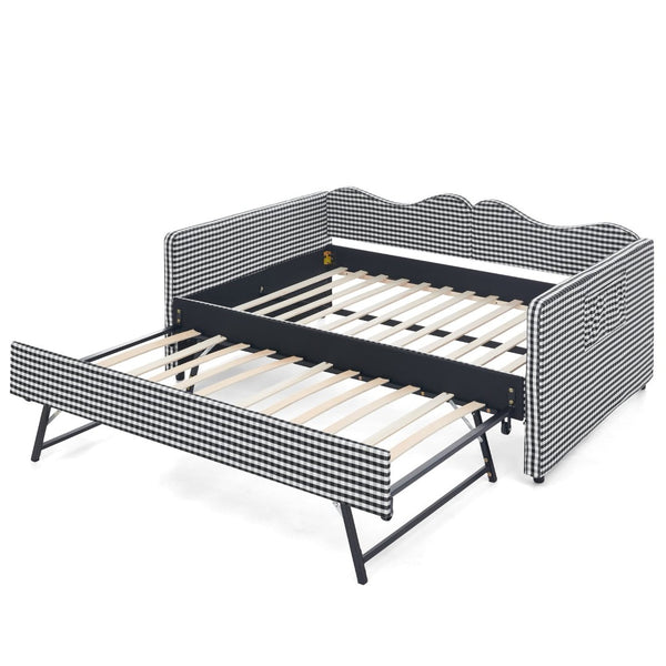 English Elm Full‑size Gingham Upholstered Daybed with Pull-out Trundle and Side Storage Pocket Black W487S00579