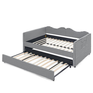English Elm Full‑size Gingham Upholstered Daybed with Pull-out Trundle and Side Storage Pocket Black W487S00579