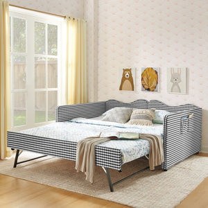 English Elm Full‑size Gingham Upholstered Daybed with Pull-out Trundle and Side Storage Pocket Black W487S00579