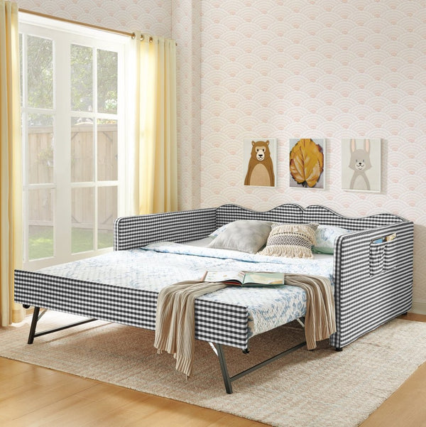 English Elm Full‑size Gingham Upholstered Daybed with Pull-out Trundle and Side Storage Pocket Black W487S00579