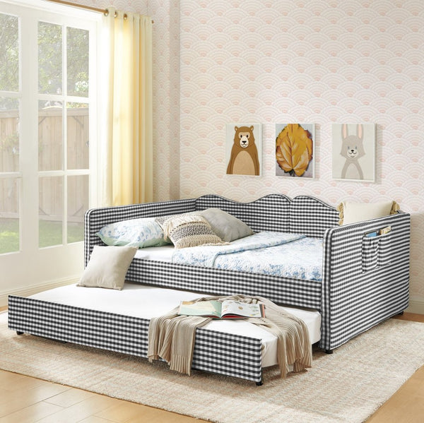 English Elm Full‑size Gingham Upholstered Daybed with Pull-out Trundle and Side Storage Pocket Black W487S00579