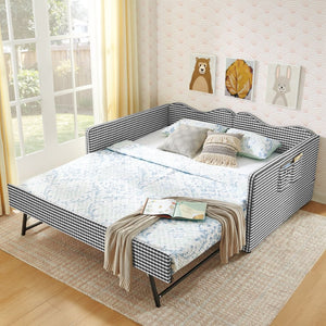 English Elm Full‑size Gingham Upholstered Daybed with Pull-out Trundle and Side Storage Pocket Black W487S00579