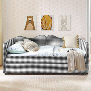 English Elm Full‑size Gingham Upholstered Daybed with Pull-out Trundle and Side Storage Pocket Black W487S00579