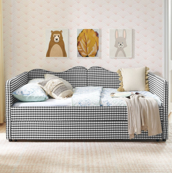 English Elm Full‑size Gingham Upholstered Daybed with Pull-out Trundle and Side Storage Pocket Black W487S00579
