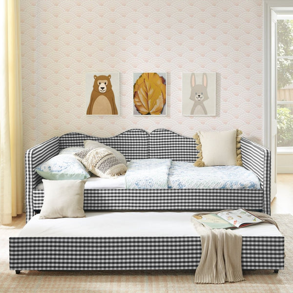 English Elm Full‑size Gingham Upholstered Daybed with Pull-out Trundle and Side Storage Pocket Black W487S00579