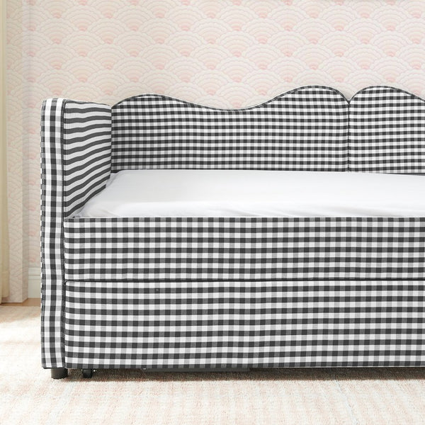 English Elm Full‑size Gingham Upholstered Daybed with Pull-out Trundle and Side Storage Pocket Black W487S00579